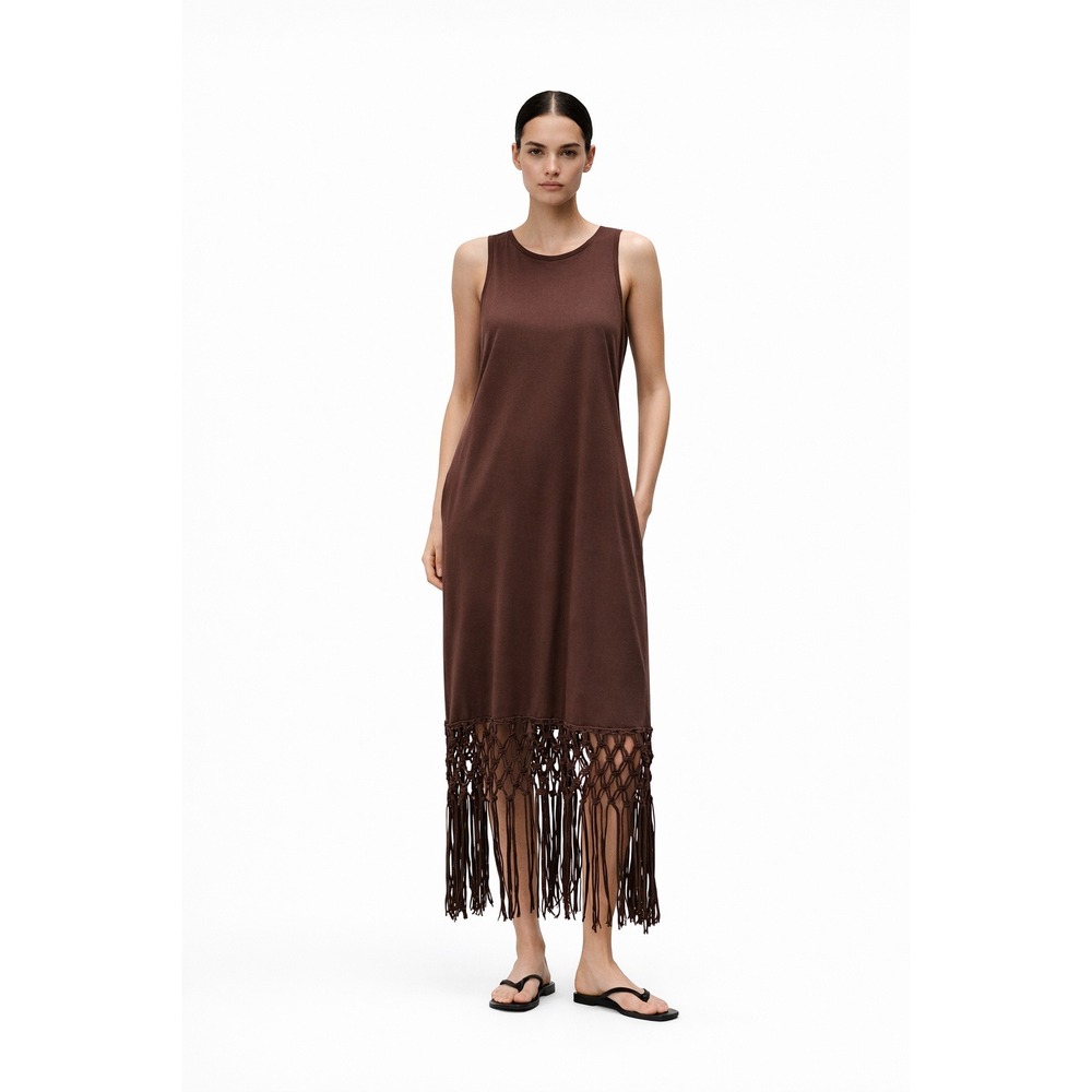 Zara Dress Women M Brown Sleeveless Macrame Fringe Hem Racerback Midi Shift Boho